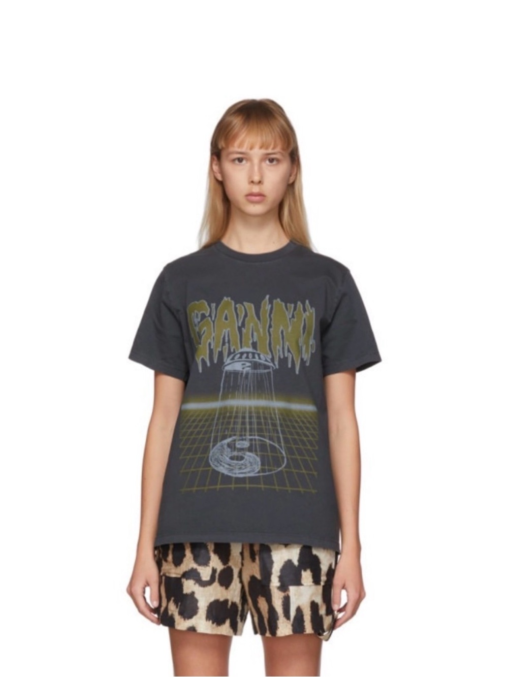 GANNI Black Graphic Crewneck UFO Tee